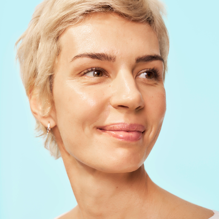 Headshot of SKINVIVE™ patient Petra, plus a close-up of her eye and cheek, with her skin looking smooth and radiant.