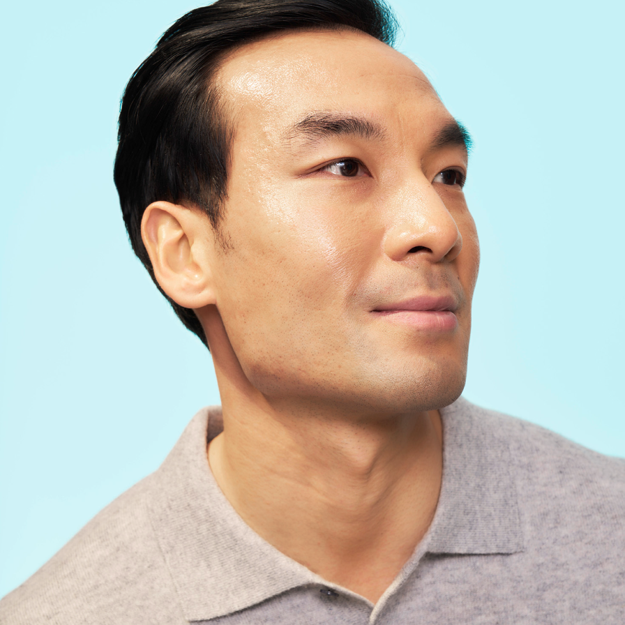 Headshot of SKINVIVE™ patient Lee, plus a close-up of his eye and cheek, with his skin looking smooth and radiant.